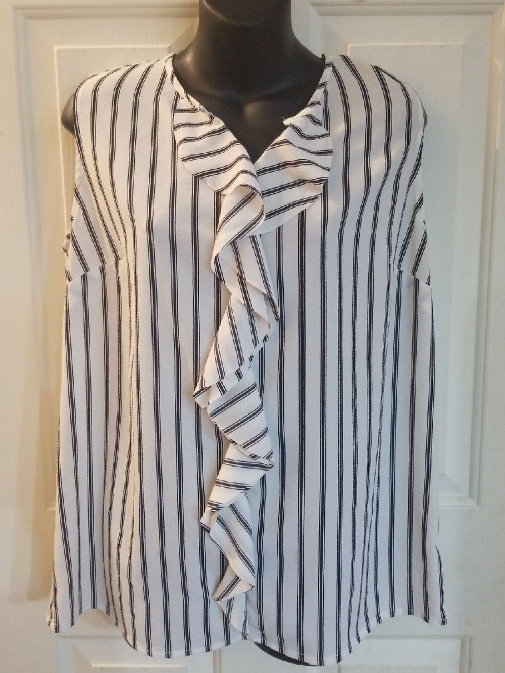 Merona White and Black Vertical Stripe Ruffle Blouse